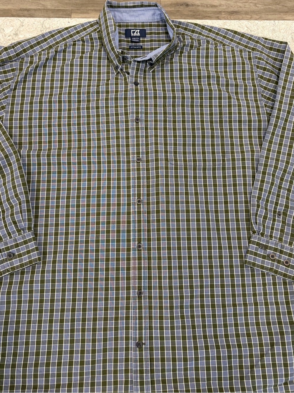 Cutter and Buck Men’s Olive & Blue Plaid Button-Down Shirt-XXL